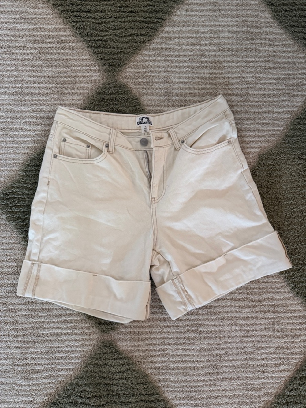Cream High-Rise Rolled Hem Bermuda Shorts